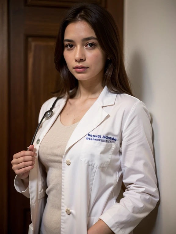 (upper body, medium shot), A beautiful woman in a white doctor suit, with a stethoscope, High quality image, masterpiece, detailed hair texture, detailed skin texture, detailed cloth texture, 8k, add fabric details, ultra detailed skin texture, ultra detailed photo, skin pores, cloth details, high skin details, realistic hair details, epiC35mm