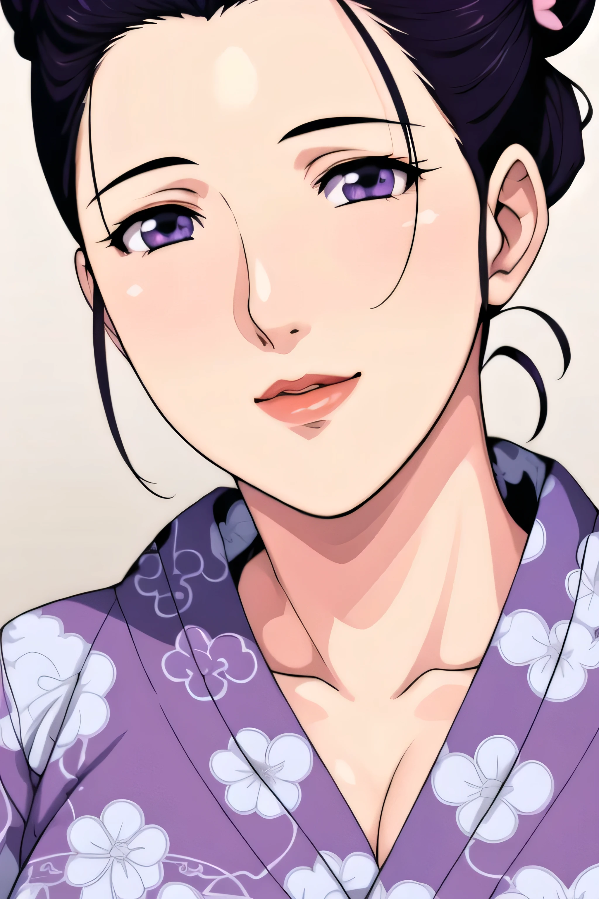 Simple Background,White Background,
purple kimono,floral print,japanese clothes,wide sleeves,long sleeves,
cleavage,
purple eyes, black hair,bangs,hair bun,
1 girl,Young female,Beautiful long legs,Beautiful body,
Beautiful Nose,Beautiful character design, perfect eyes, perfect face,expressive eyes,perfect balance,
looking at viewer,(Focus on her face),closed mouth, (innocent_big_eyes:1.0),(Light_Smile:0.3),
official art,extremely detailed CG unity 8k wallpaper, perfect lighting,Colorful, Bright_Front_face_Lighting,White skin,
(masterpiece:1.0),(best_quality:1.0), ultra high res,4K,ultra-detailed,
photography, 8K, HDR, highres, absurdres:1.2, Kodak portra 400, film grain, blurry background, bokeh:1.2, lens flare, (vibrant_color:1.2),professional photograph,
(Beautiful,large_Breasts:1.4), (beautiful_face:1.5),(narrow_waist),big boobs, navy blue, single bun hairstyle