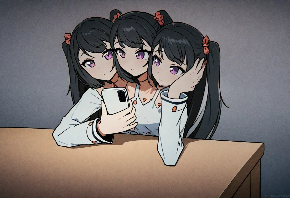 (masterpiece, best quality), best resolution, 16k, close-up, three heads, A girl sitting at a table, looking at smartphone, clean manga outlines, thick and thin lines, perfect line thickness, exposed anime style