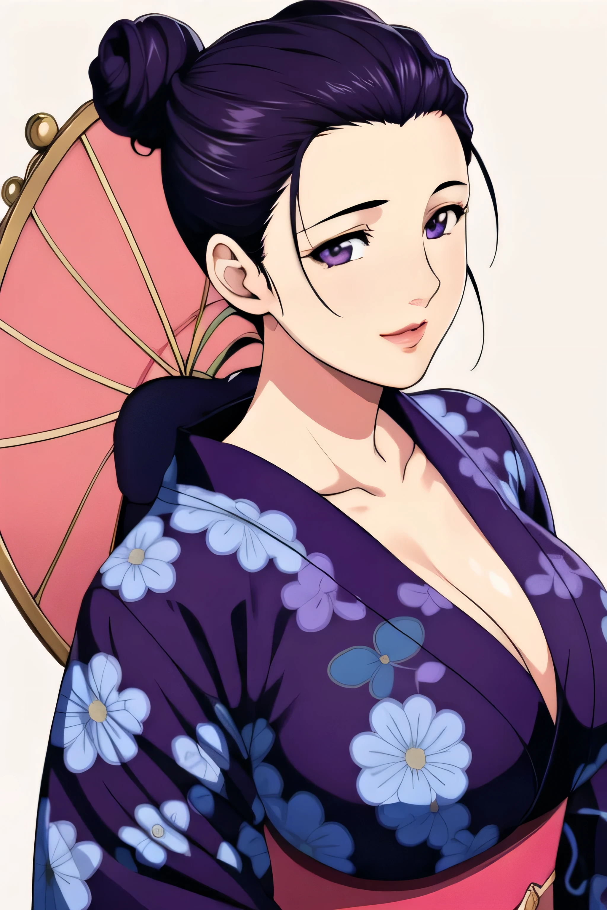 Simple Background,White Background,
purple kimono,floral print,japanese clothes,wide sleeves,long sleeves,
cleavage,
purple eyes, black hair,bangs,hair bun,
1 girl,Young female,Beautiful long legs,Beautiful body,
Beautiful Nose,Beautiful character design, perfect eyes, perfect face,expressive eyes,perfect balance,
looking at viewer,(Focus on her face),closed mouth, (innocent_big_eyes:1.0),(Light_Smile:0.3),
official art,extremely detailed CG unity 8k wallpaper, perfect lighting,Colorful, Bright_Front_face_Lighting,White skin,
(masterpiece:1.0),(best_quality:1.0), ultra high res,4K,ultra-detailed,
photography, 8K, HDR, highres, absurdres:1.2, Kodak portra 400, film grain, blurry background, bokeh:1.2, lens flare, (vibrant_color:1.2),professional photograph,
(Beautiful,large_Breasts:1.4), (beautiful_face:1.5),(narrow_waist),big boobs, navy blue, single bun hairstyle