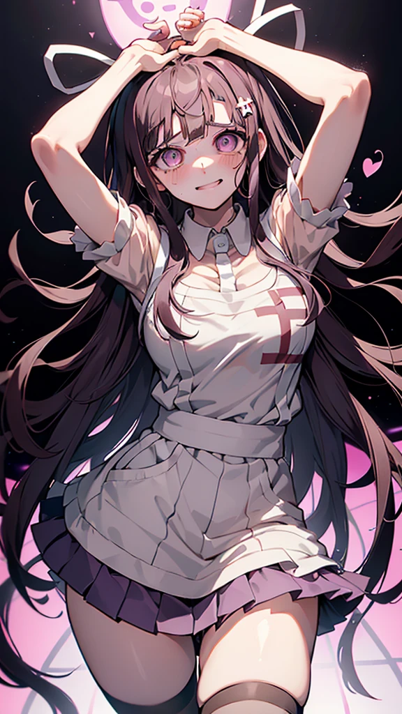 ((mikan tsumiki)),Long Hair,Purple Hair,(Purple eyes:1.1),bangs, blunt bangs,Patsun,((in danganronpa styles:1.4)) smile, shy break apron, bandageを巻かれた足,bandage,collared shirt, miniskirt, pink shirt, pleated skirt, puffy Short sleeve, Puff sleeves, shirt, Short sleeve, skirt, two-tone shirt, White apron, white shirt,break looking at viewer,break forest, Dark Skies, Contrapposto, smile, Spread your arms, Cowboy Shot, Sleeveless, Place your arms behind your head,
break (masterpiece:1.2), Best Quality, High resolution, Unity 8K Wallpapers, (figure:0.8), (Detailed eyes:1.5),Highly detailed face, Perfect lighting, Highly detailed CG, (Perfect hands, Perfect Anatomy),(blush:1.2),(embraced:1.3),((whirlpool eyes:1.3)),((vulgarity ahegao:1.2)),(messy hair:1.3),((big eyes:1.1)),((mental broken:1.3)),(seductive smile:1.2),(evel grin:1.2)