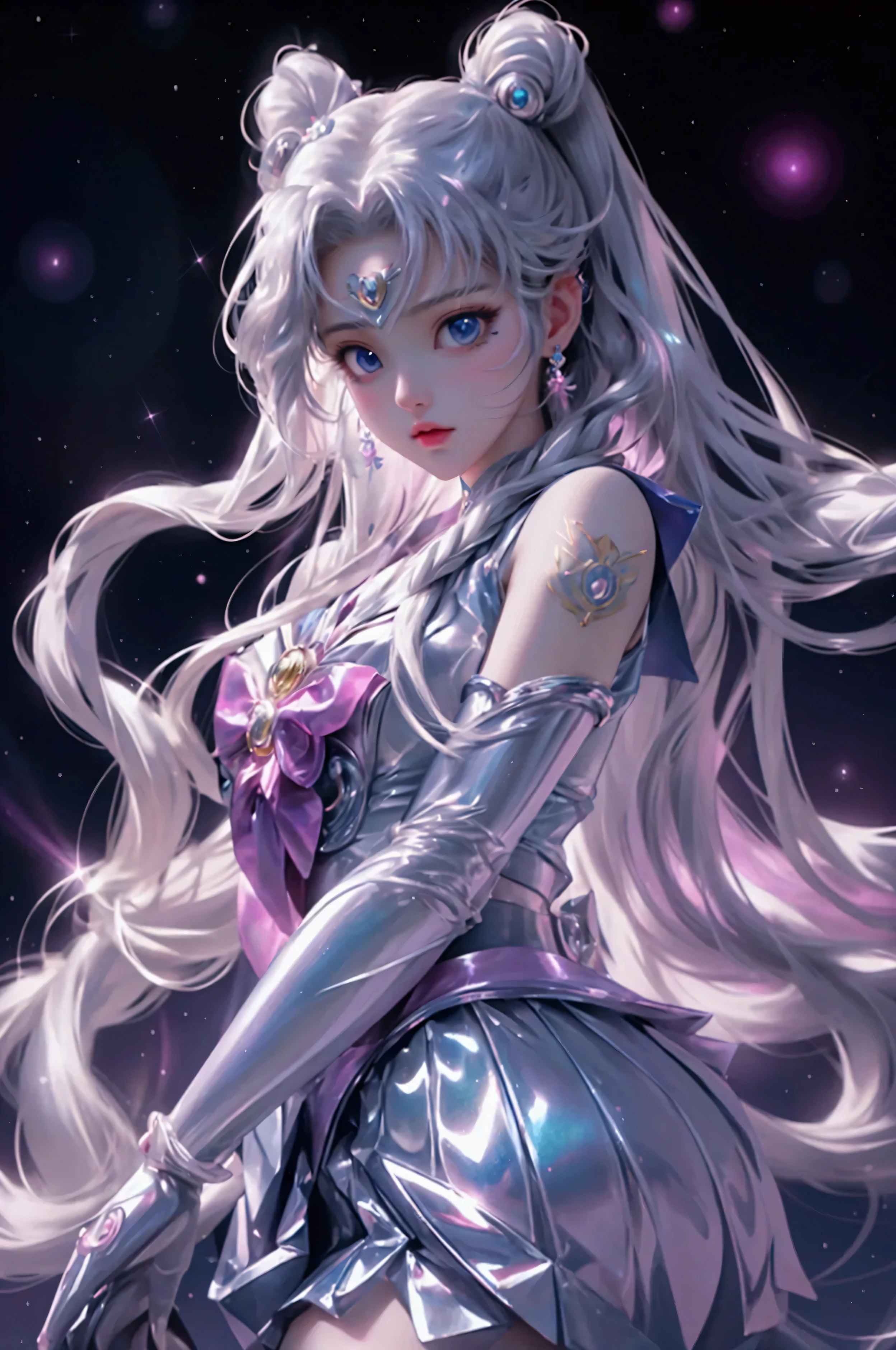 sailor moon with beautiful long hair and glowing lights, in the style of anime art, frozen movement, shiny/glossy, aurorapunk, hyper-detailed illustrations, i can't believe how beautiful this is, rococo-inspired art