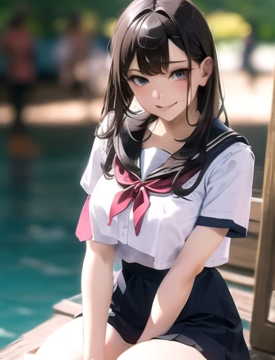 (top-quality、in 8K、32K、​masterpiece、nffsw、ighly detailed、Impresionismo:1.2)、Full body, (amusement park:1.4)、realistic shadow、beauitful face、blurry backround、16-year-old beautiful girl、shinny skin, Beautiful black hair、Blunt bangs、 braided ponytails、Brown eyes、a sailor suit、pleatedskirt、Black socks、Black shoes、A smile、Striped panties、thighs thighs thighs thighs、from the front side、Opening legs、