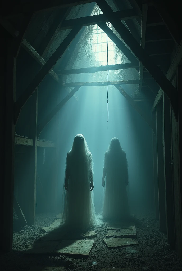 ""Emily is standing near the exit of the library, her face filled with panic as she desperately tries to open a door that won’t budge. The library behind her is now engulfed in darkness, with only her silhouette and the door illuminated. From the shadows, the faint outline of a woman in a tattered, old-fashioned gown approaches, her hollow eyes barely visible but terrifying."