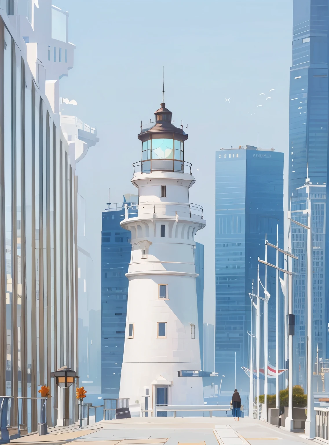 there is a lighthouse on the pier with a lot of flags, [lighthouse, lighthouse, from a distance, There are tall glass skyscrapers, Around the city, 酒吧lighthouse, Typical, View from the port, Inspired by David Rubin, white building, 4 0 9 6, widescreen screenshot, with shiny glass buildings, skyline display, There is a tower