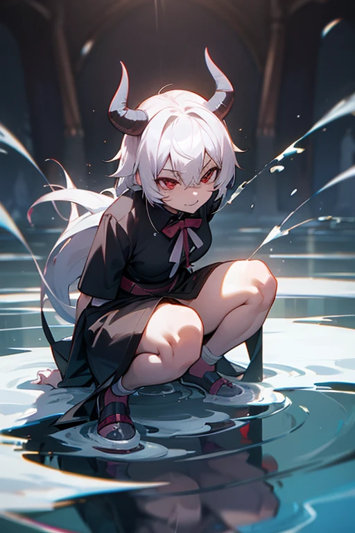 (from below:1.2),close-up,pee,spread pussy,pussy juice,(female ejaculation:1.1),(fingering:1.2),solo,(tongue:0.8),tattoo,messy hair,silver hair,demon girl,demon tail,hooded cloak,blue eyes,moon,pierced earrings,smirk,(pointy_ears:0.5),splashing