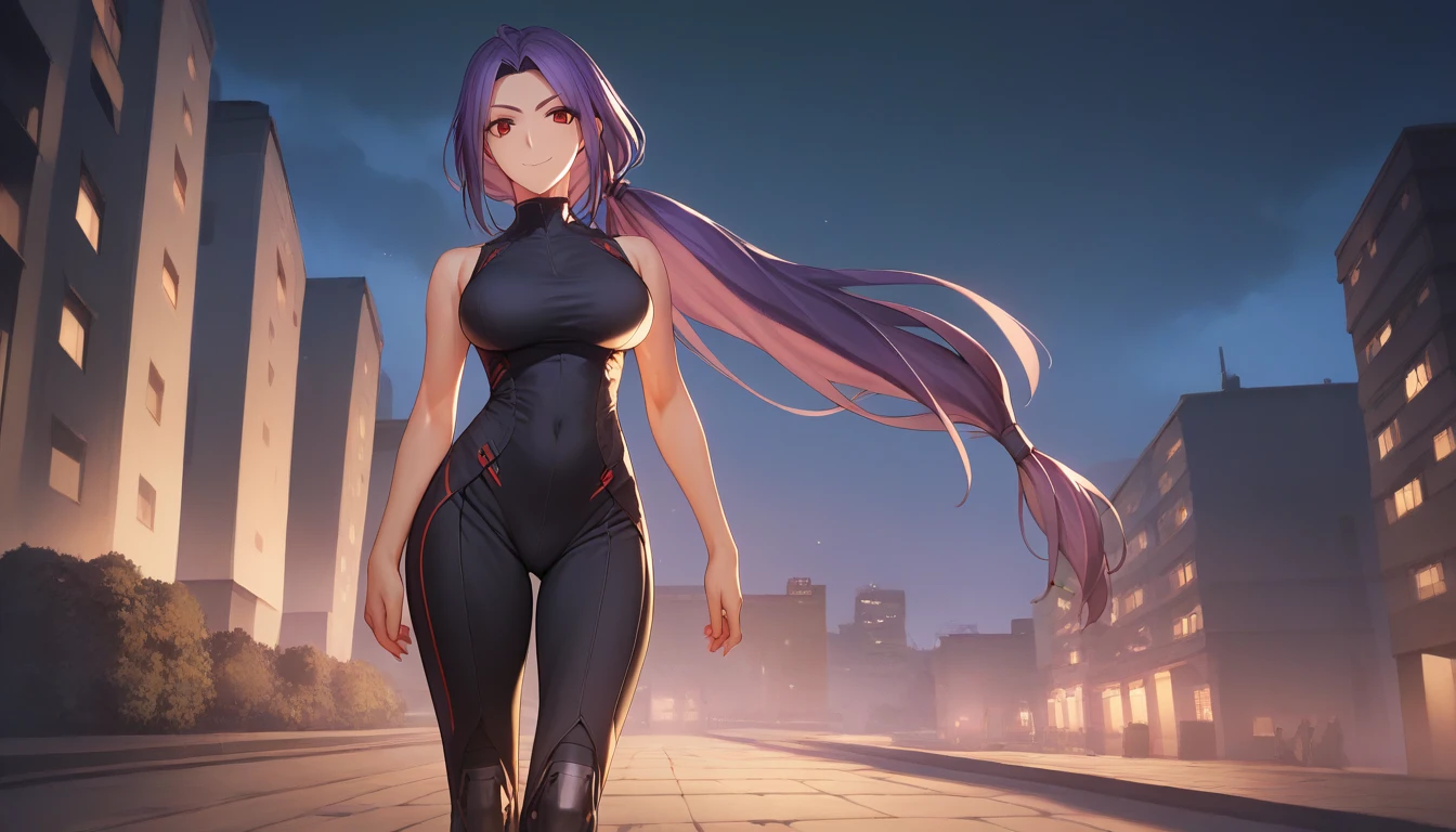 Score_9, Score_8_up, Score_7_up, One Girl, Hirokazu Koyama ,Sweaty,sexy,Pixel Perfect,Large Breasts,Anatomically correct, Masterpiece Highly detailed,8k,indoor,(Fits your body,Rider Suit,Sleeveless,),, Red eyes, ( Long Hair, Purple Hair, Parted bangs,Low Ponytail, ), standing,クローズup, (background,night,building,),smile, 