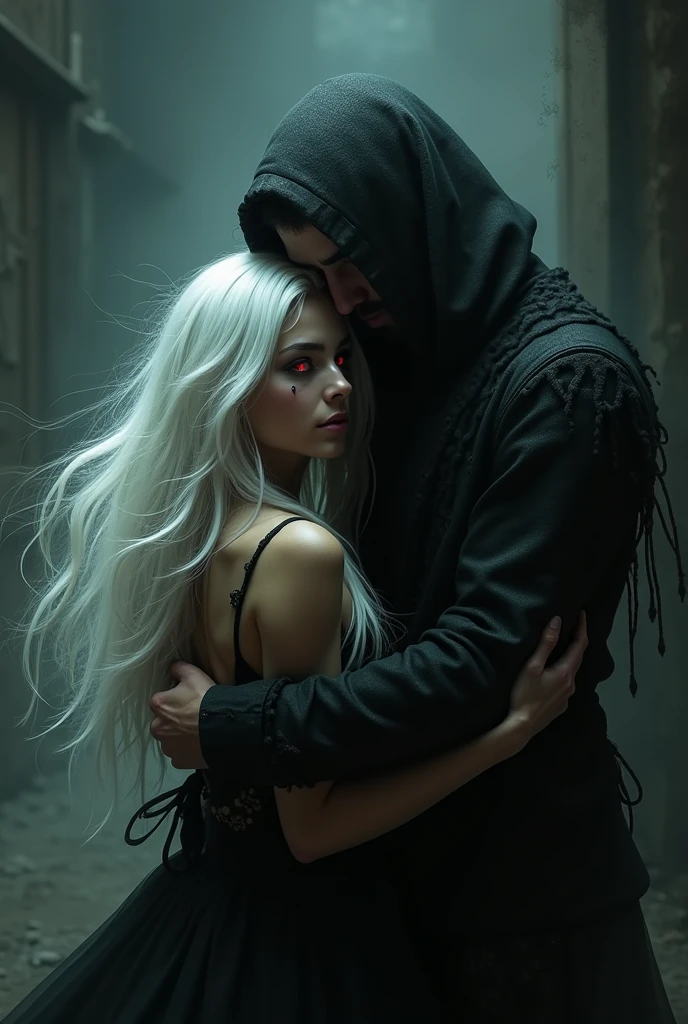 Create me a BL novel cover (Male x Male). A 2 white haired chef, blue eyes. A short black haired grim reaper, High, red eyes and dark outfit, look cool. Two people with completely different appearances, serious atmosphere. (Almost there, but i want short hair death, nail head is also ok) 