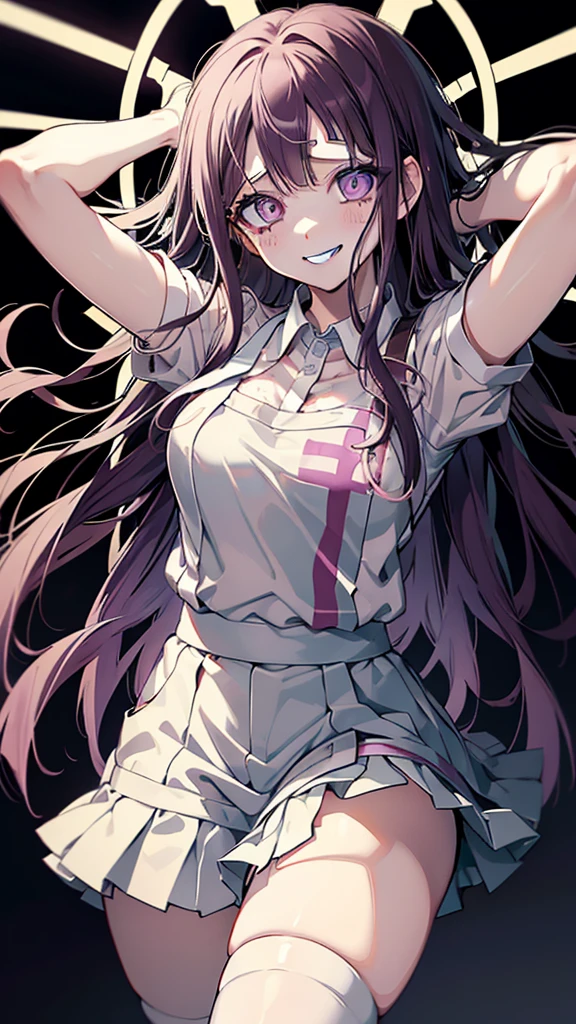 ((mikan tsumiki)),Long Hair,Purple Hair,(Purple eyes:1.1),bangs, blunt bangs,Patsun,((in danganronpa styles:1.4)) smile, shy break apron, bandageを巻かれた足,bandage,collared shirt, miniskirt, pink shirt, pleated skirt, puffy Short sleeve, Puff sleeves, shirt, Short sleeve, skirt, two-tone shirt, White apron, white shirt,break looking at viewer,break forest, Dark Skies, Contrapposto, Spread your arms, Cowboy Shot, Sleeveless, (Place your arms behind your head),
break (masterpiece:1.2),High resolution, Unity 8K Wallpapers, (figure:0.8), (Detailed eyes:1.5),Highly detailed face, Perfect lighting, Highly detailed CG,(Perfect hands, Perfect Anatomy),(blush:1.1),(embraced:1.1),((whirlpool eyes:1.4)),((vulgarity ahegao:1.3)),(messy hair:1.3),(big eyes:1.1),((mental broken:1.3)),((crazy smile:1.4)),(evel grin:1.3),((aroused:1.1)),((ecstasy:1.3)),hands own cheek,((extremely vulgarity:1.3))