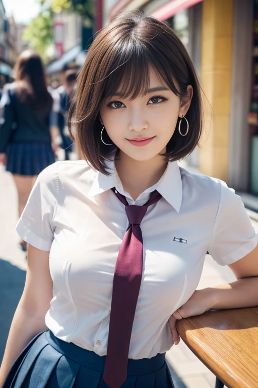 (RAW Photos:1.2), (Realistic:1.4), Beautiful detailed girl, Very detailed eyes and face, Beautiful details, Ridiculous, incredibly Ridiculous, Large file size, Very detailed, High resolution, Very detailed, highest quality, masterpiece, kemomimi, ((Japanese school girl uniform)), shape, Very detailed, CG, Unified, 8k wallpaper, wonderful, Fine details, masterpiece, highest quality, Very detailed CG uniform 8k wallpaper, Light on the face, Cinema Lighting, One Girl,Shy smile、(Big Ass)、full body shot、School Uniforms、Red tie、Dark blue pleated skirt、Around town、City、noon、(Ample breasts)、24-years-old、Very Short Hair、Short sleeve、Shiny black hair