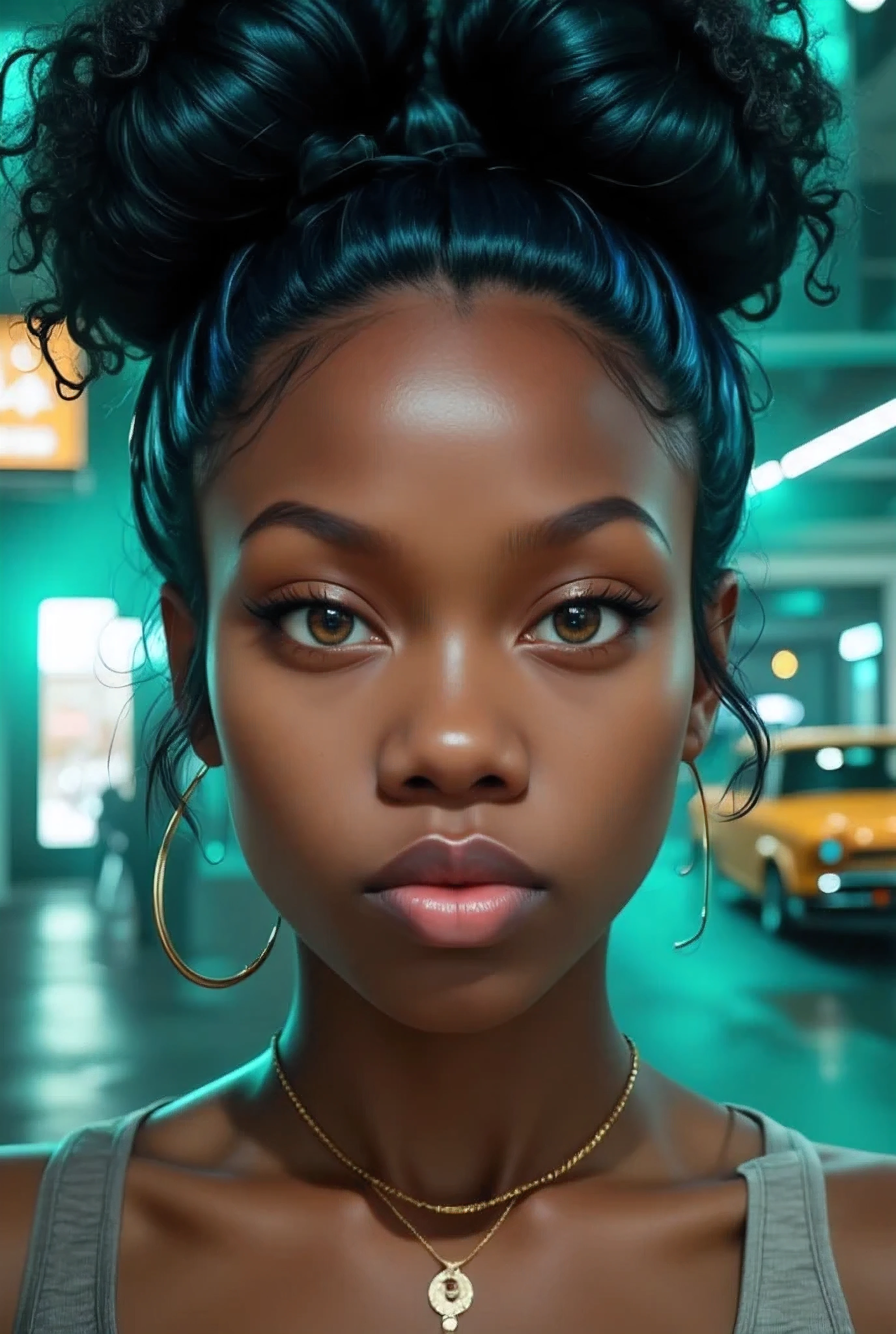 destini in a (Maximum quality, 16K, work of art: 1.3)), young black woman, Portrait of a dark-skinned adult woman(afroamerican:1.2 , 20 years old) with dark blue curls and a white shirt, urban girl fanart, solo portrait 🎨🖌️, unknown artstyle, detailed portrait of the character, garota negra de アニメ mangá, urban city background , green eyes water, rosto macio de アニメ detalhado, アニメ, Estilo de アニメ , retrato de meio corpo, Highly detailed texture of face and skin, detailed hazel brown eyes