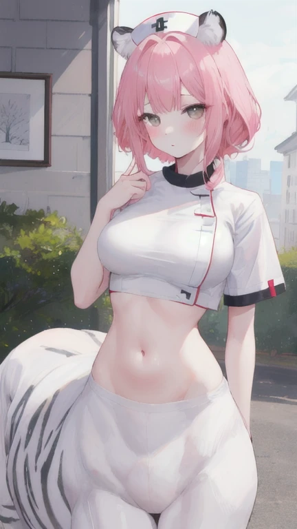(best quality, masterpiece), 1 girl, centaur, I beg, White skin, Nurse,daughter,black pink, exposing the abdomen, belly button t-shirt , beautiful girl perfect, White tiger photo, 완벽한 White tiger photo