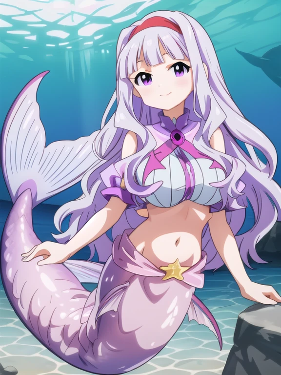 Fate mermaid Takane Shijou - The iDOLM@STER, long light purple hair, purple eyes, gigantic breasts, underwater sea, bubble airs, smile, red blush, looking at viewer, long scales mermaid tail below waistline,