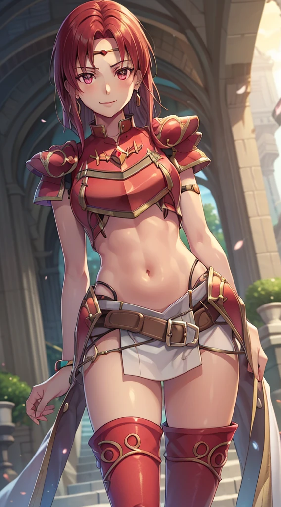 masterpiece, Best Quality,masterpiece, Best Quality, Young lady, Circlet, Earrings, armor, Elbow hand pockets,Thigh-high boots, Best Quality, smile, Standing, Reims, abdomen, abdomen, Long and thin navel,Thighs