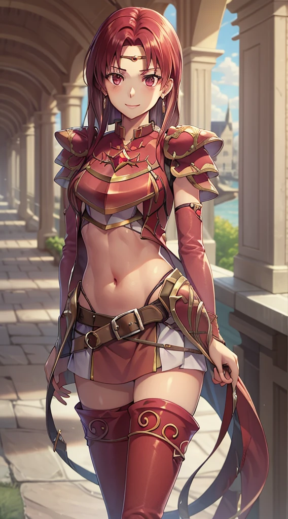 masterpiece, Best Quality,masterpiece, Best Quality, Young lady, Circlet, Earrings, armor, Elbow hand pockets,Thigh-high boots, Best Quality, smile, Standing, Reims, abdomen, abdomen, Long and thin navel,Thighs