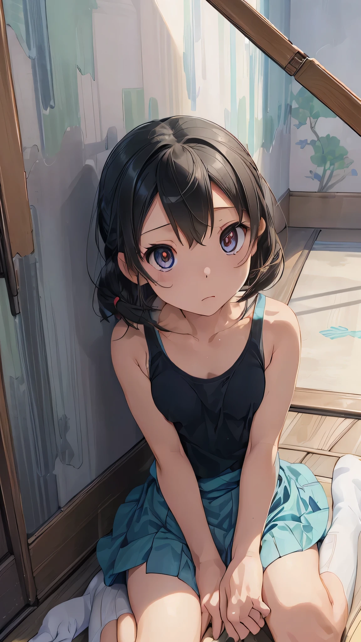 (Best Quality、Unity 8k , wallpaper、masterpiece、Super detailed、Ultra-high resolution、Realistic、Detailed Background, Detailed drawing、Japanese anime style:1.2)、indoor、(Very dark room:1.2)、(Beautiful detailed face and eyes)、((10Year old girl))、(See-through tank top、mini skirt)、(Two knots)、 (Slender:1.2), (Slim lower body:1.3)、(Troubled face)、(Sitting on the floor:1.2)、(Leaning against the wall)、(Pulling up her tank top;1.2)、((Spreading her legs))、((whole body)), (Drawing from below:1.3), (nsfw:1.3)