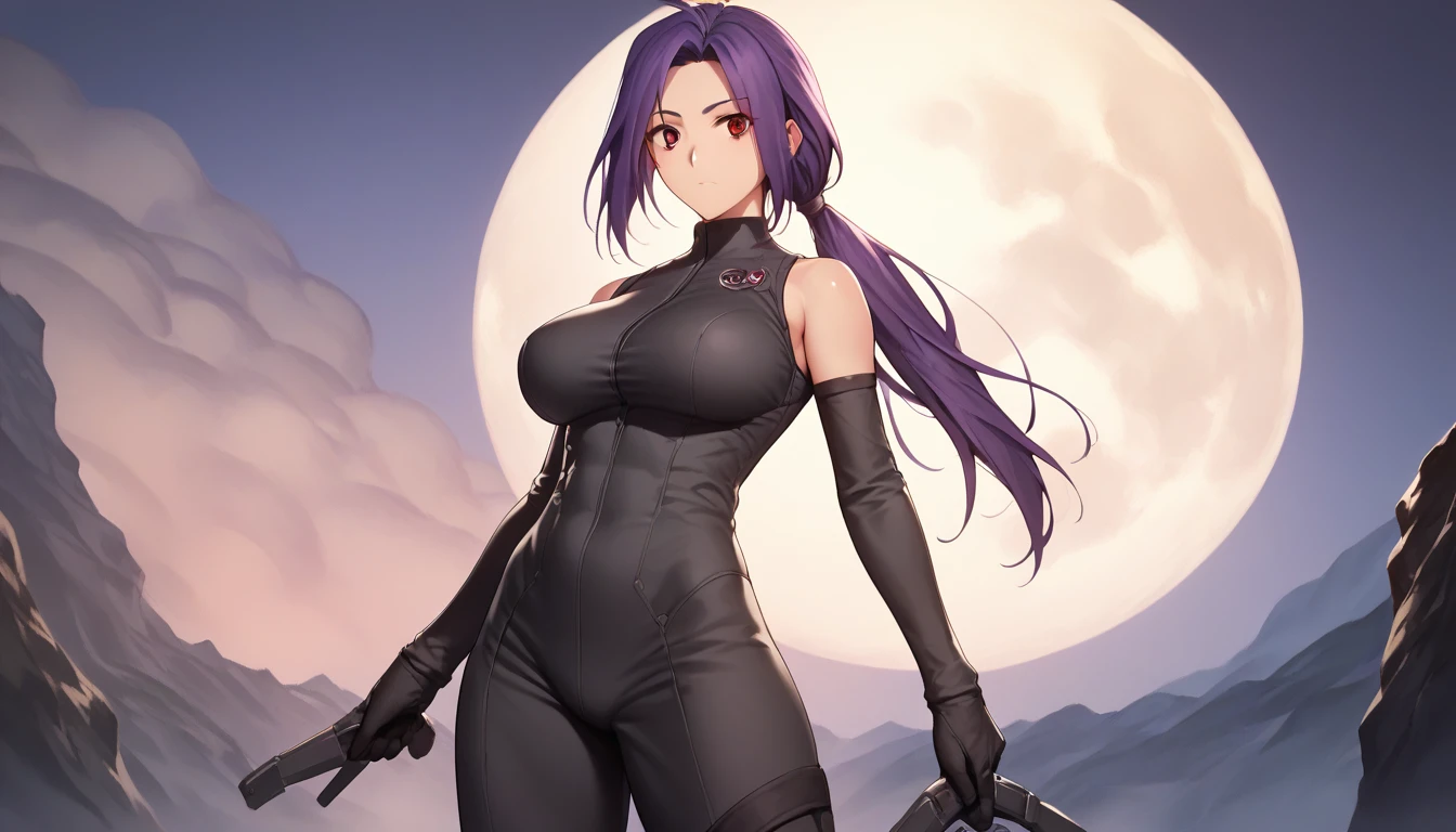 Score_9, Score_8_up, Score_7_up, One Girl, Hirokazu Koyama ,sexy,Pixel Perfect,Large Breasts,Anatomically correct, Masterpiece Highly detailed,8k,(Fits your body,Rider Suit,Sleeveless,),, Red eyes, ( Long Hair, Purple Hair, Parted bangs,Low Ponytail, ), standing,クローズup, (background,moon),