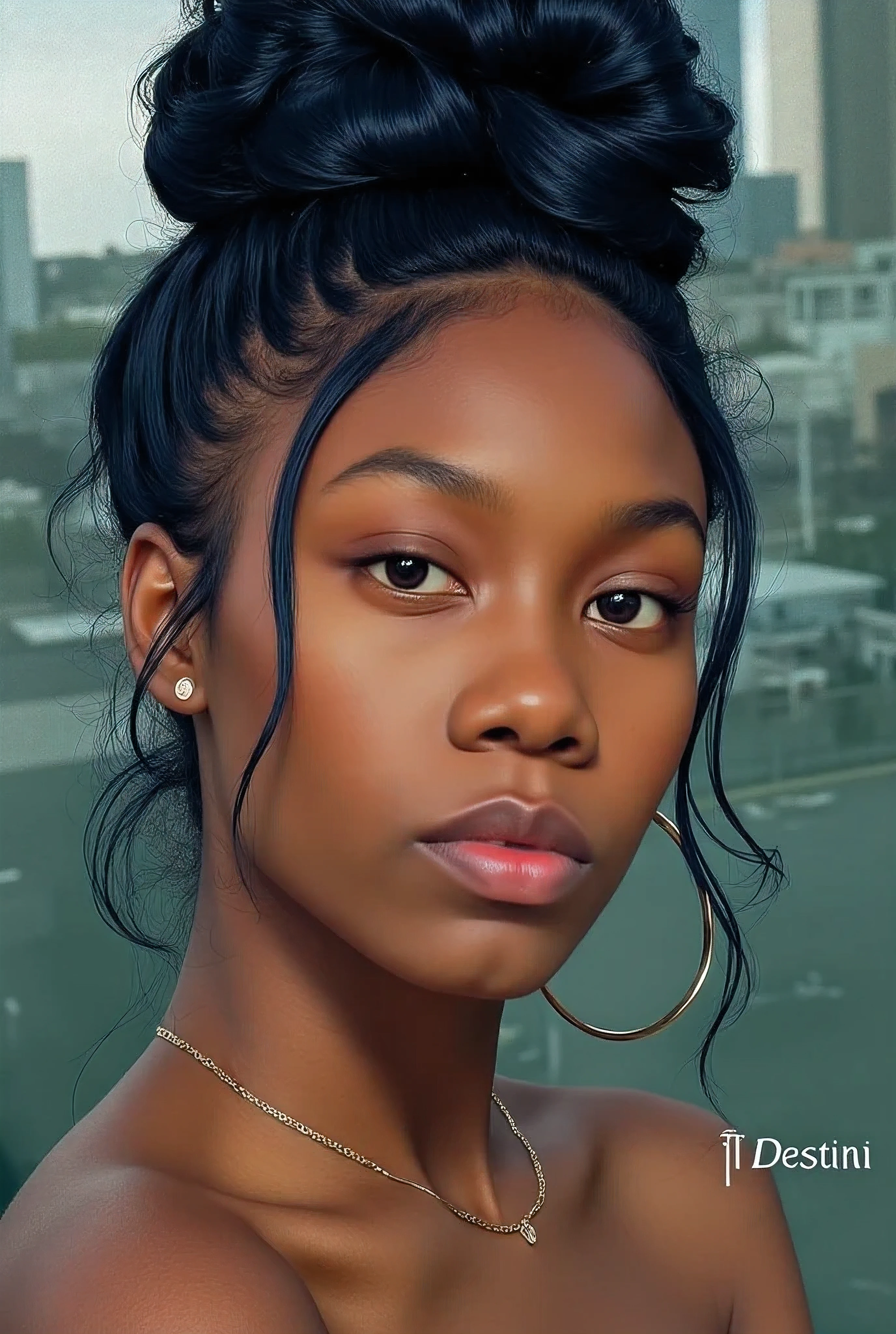 destini in a (Maximum quality, 16K, work of art: 1.3)), young black woman, Portrait of a dark-skinned adult woman(afroamerican:1.2 , 20 years old) with dark blue curls and a white shirt, urban girl fanart, solo portrait 🎨🖌️, unknown artstyle, detailed portrait of the character, garota negra de アニメ mangá, urban city background , green eyes water, rosto macio de アニメ detalhado, アニメ, Estilo de アニメ , retrato de meio corpo, Highly detailed texture of face and skin, detailed hazel brown eyes text logo for ,destini