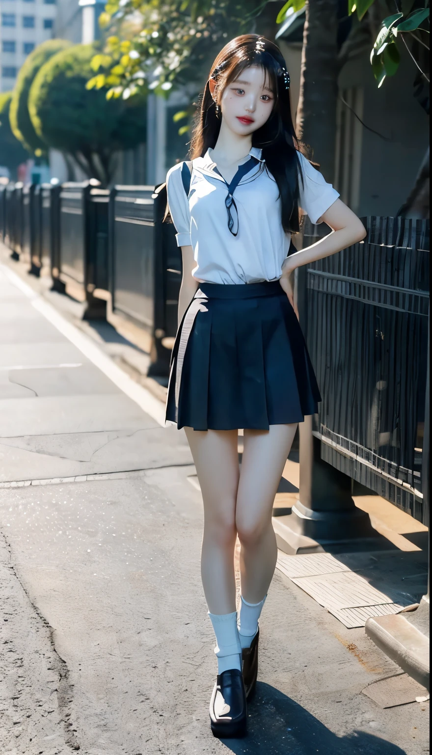 RAW Photos, very delicate and beautiful, masterpiece, Please redeem, Ultra-high resolution, 16k, hyperRealistic, Realistic, (((((whole bodyショット:1.8)))))，((Japanese schoolgirl wearing uniform:1.7)),((The background is a very stylish modern city:1.2)), ((Very modern, Beautiful clean walkway..:1.2)),(((whole bodyショット:1.8)))，((((She looks just like Wonyoung from the Korean idol group IVE....:1.9))))，((Checkered high school uniform short mini skirt:1.5)),((High school uniform summer short-sleeved white shirt:1.5)), ((Wearing a red bow tie:1.6)),(((((Reaches up to the ankle、Wear very short socks.:1.8))))),((((Wear black loafers:1.6))))，(((Revealing clothes:1.7)))，((barefoot:1.8))， ((((stand up:1.6)))),(((((Stand with your feet together:1.7))))),((Please stand up straight:1.6)),(whole bodyを此方に向ける),((Bare thighs:1.8))，((The feet are bare:1.8))，((((whole body :1.8)))),(((Short socks that expose a large area of the lower leg:1.7)))，(I have white socks on both feet:1.3)，photoRealistic, photo-Realistic, 指はVery detailedに再現されている，Beautiful Hands，Very detailed, Perfect Anatomy, Very detailed肌, Perfect figure, Very detailed CG 8k 壁紙, Erect nipples, Perfect nipples, Perfect breasts, Perfect hands, Perfect fingers, White skin, Center of chest, , Windy,Long legs，Thin legs， Sexy Legs,Sunny daytime,9 Heads and Bodies of Beauty, Fluffy hair, bangs,Green street trees can be seen in the background., (2 people :1.5), Small Ass，Long, thin arms，Long legs, Center of chest, Beautiful Hair,Please put your hands down.,Narrow waist， friend, smile,cute,beautiful girl ハッピー,Center of chest, Laughter,Black Hair, Narrow waist，((Height: 173cm:1.3))，Slim model figure，(Tilted, Muscular, Athletic Build:1.3)，(Slim and Muscular legs)，(Thin legs),((Thin thighs))，(Long thighs)，1 person,Long legs，(Wear black loafers:1.6),cute，beautiful girl，((((Anatomically correct:1.4))))