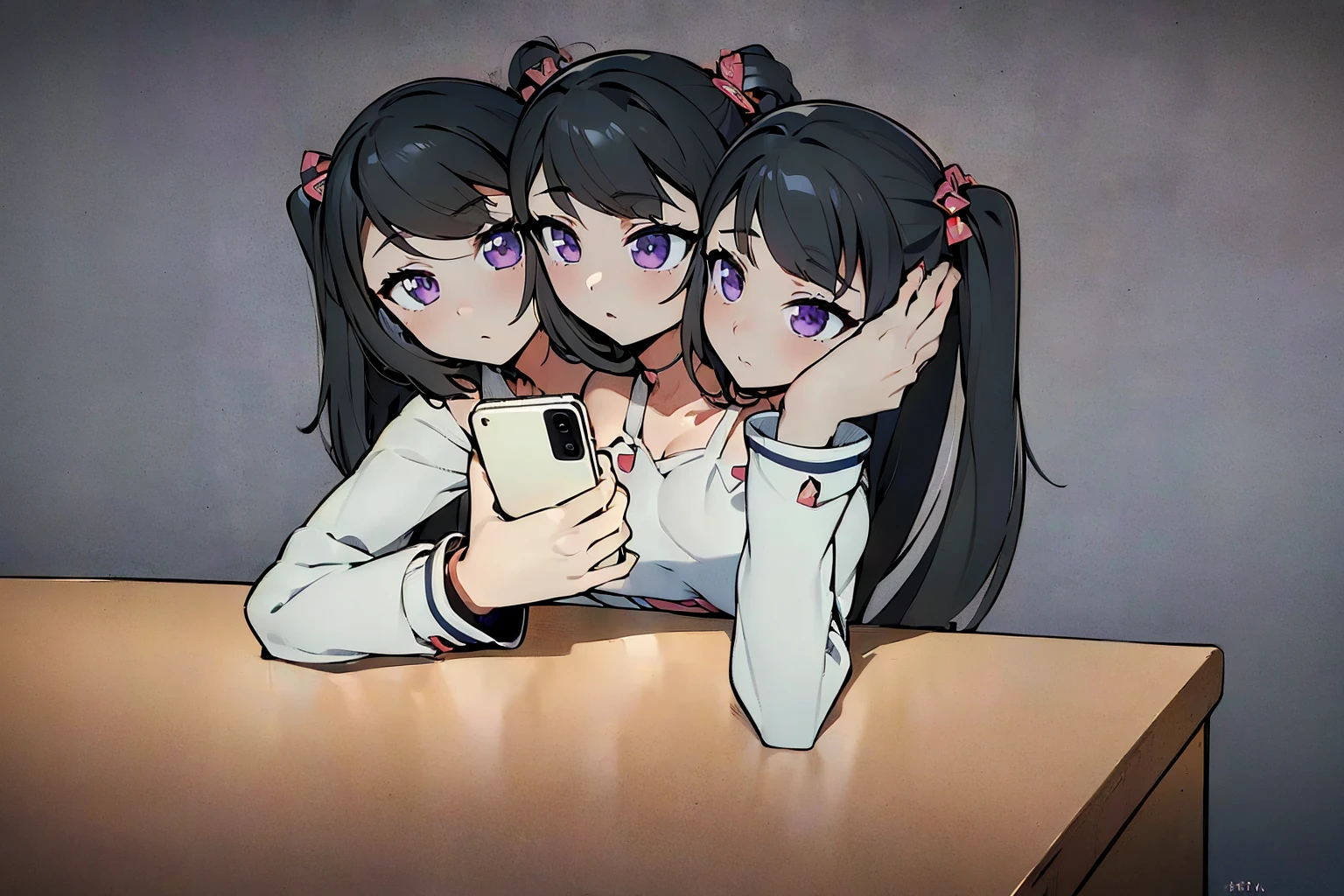 (masterpiece, best quality), best resolution, 16k, close-up, (3heads:1.5), A girl sitting at a table, looking at smartphone, clean manga outlines, thick and thin lines, perfect line thickness, exposed anime style, black hair, purple eyes, boring, focus, background inside convenience store, bright lights, higher saturation