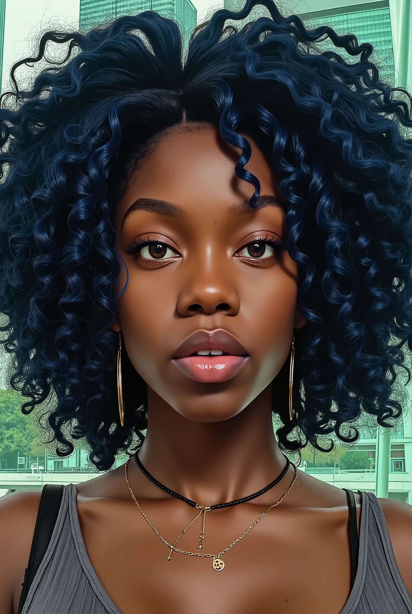 destini in a (Maximum quality, 16K, work of art: 1.3)), young black woman, Portrait of a dark-skinned adult woman(afroamerican:1.2 , 20 years old) with dark blue curls and a white shirt, urban girl fanart, solo portrait 🎨🖌️, unknown artstyle, detailed portrait of the character, garota negra de アニメ mangá, urban city background , green eyes water, rosto macio de アニメ detalhado, アニメ, Estilo de アニメ , retrato de meio corpo, Highly detailed texture of face and skin, detailed hazel brown eyes text logo for ,destini