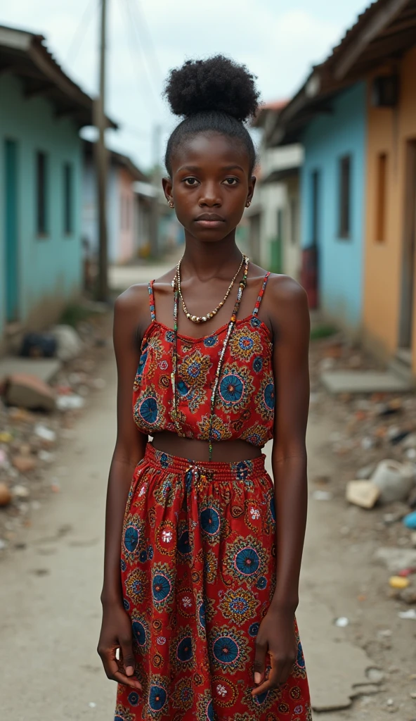 black girl wearing Flamengo shorts and t-shirt sitting in front of a house in the favela, image with camera blur, ultra realistic, high resolution photography quality --auto