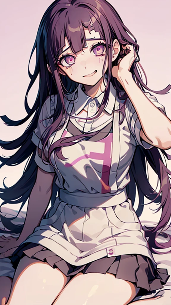 ((mikan tsumiki)),Long Hair,Purple Hair,(Purple eyes:1.1),bangs, blunt bangs,Patsun,((in danganronpa styles:1.4)), shy break (apron), bandageを巻かれた足,bandage,collared shirt, miniskirt,(pink shirt), pleated skirt, puffy Short sleeve, Puff sleeves,shirt,Short sleeve,skirt,two-tone shirt, White apron, white shirt,break looking at viewer,break ((sitting on the bed:1.1)), Spread your arms,Sleeveless, (Place your arms behind your head),
break (masterpiece:1.2),High resolution, Unity 8K Wallpapers, (figure:0.8), (Detailed eyes:1.5),Highly detailed face, Perfect lighting, Highly detailed CG,(Perfect hands, Perfect Anatomy),(blush:1.1),(embraced:1.1),((whirlpool eyes:1.4)),((vulgarity ahegao:1.4)),(messy hair:1.3),(big eyes:1.2),((mental broken:1.3)),((crazy smile:1.4)),(evel grin:1.3),((aroused:1.1)),((ecstasy:1.3)),hands own cheek,(((extremely vulgarity:1.3))),((swirl eyes:1.3)),(disappear:1.2)