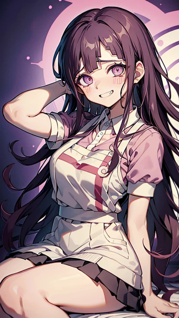 ((mikan tsumiki)),Long Hair,Purple Hair,(Purple eyes:1.1),bangs, blunt bangs,Patsun,((in danganronpa styles:1.4)), shy break (apron), bandageを巻かれた足,bandage,collared shirt, miniskirt,(pink shirt), pleated skirt, puffy Short sleeve, Puff sleeves,shirt,Short sleeve,skirt,two-tone shirt, White apron, white shirt,break looking at viewer,break ((sitting on the bed:1.1)), Spread your arms,Sleeveless, (Place your arms behind your head),
break (masterpiece:1.2),High resolution, Unity 8K Wallpapers, (figure:0.8), (Detailed eyes:1.5),Highly detailed face, Perfect lighting, Highly detailed CG,(Perfect hands, Perfect Anatomy),(blush:1.1),(embraced:1.1),((whirlpool eyes:1.4)),((vulgarity ahegao:1.4)),(messy hair:1.3),(big eyes:1.2),((mental broken:1.3)),((crazy smile:1.4)),(evel grin:1.3),((aroused:1.1)),((ecstasy:1.3)),hands own cheek,(((extremely vulgarity:1.3))),((swirl eyes:1.3)),(disappear:1.2)