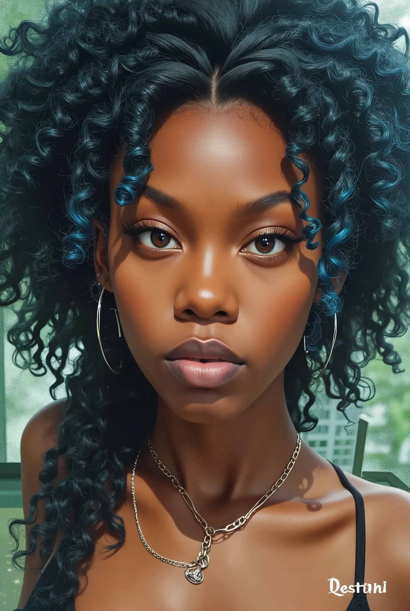 destini in a (Maximum quality, 16K, work of art: 1.3)), young black woman, Portrait of a dark-skinned adult woman(afroamerican:1.2 , 20 years old) with dark blue curls and a white shirt, urban girl fanart, solo portrait 🎨🖌️, unknown artstyle, detailed portrait of the character, garota negra de アニメ mangá, urban city background , green eyes water, rosto macio de アニメ detalhado, アニメ, Estilo de アニメ , retrato de meio corpo, Highly detailed texture of face and skin, detailed hazel brown eyes text logo for ,destini