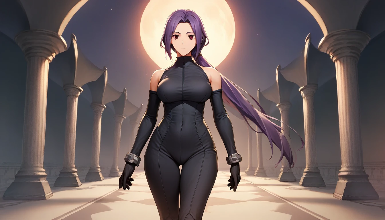 Score_9, Score_8_up, Score_7_up, One Girl, Hirokazu Koyama ,sexy,Pixel Perfect,Large Breasts,Anatomically correct, masterpiece, Very detailed,8k,(Fits your body,Rider Suit,Sleeveless,),, Red eyes, ( Long Hair, Purple Hair, Parted bangs,Low Ponytail, ), standing,クローズup, (background,moon),