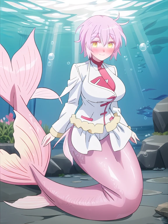 Fate mermaid Jeanne (The Case Study of Vanitas), tall, mature, short pink hair, yellow eyes, gigantic breasts, underwater sea, bubble airs, smile, red blush, looking at viewer,