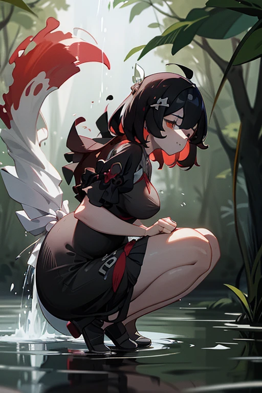 1girl, angel, cute,happy,gorgeos, sitting in a dark water, (red halo), glowing eyes, red eyes, angel wings, holy, black water,sensual, black tunic, feathers, confident, smile, expressive eyes, collofull eyes, contrast, shadows, masterpiece, digital art, cosmycal sky, stars,constalations, red stars,