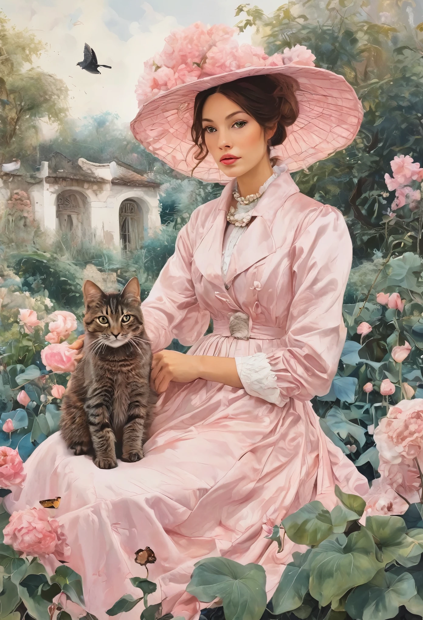 (Painting:1.5), (National Science Foundation:1.2), Gothic dressed lady and cat、Girl and kitten、At the flower garden、Lycianthes ,Available in light pink and light blue styles..., Dreamy and romantic composition..., Collage-based styles, William Wegman, colorism, White background, luxury, luxuryな, Fashionable, , Abundant, Grace, Breathtakingly beautiful, professional, High Contrast, detailed, Describe the dreamy look, The element appears to blend into the background,   (Eduardo Cobra) quilting ,08k,  Better Quality, Better Quality, Official Art, Beautiful and beautiful, Best posture,Perfect fingers,