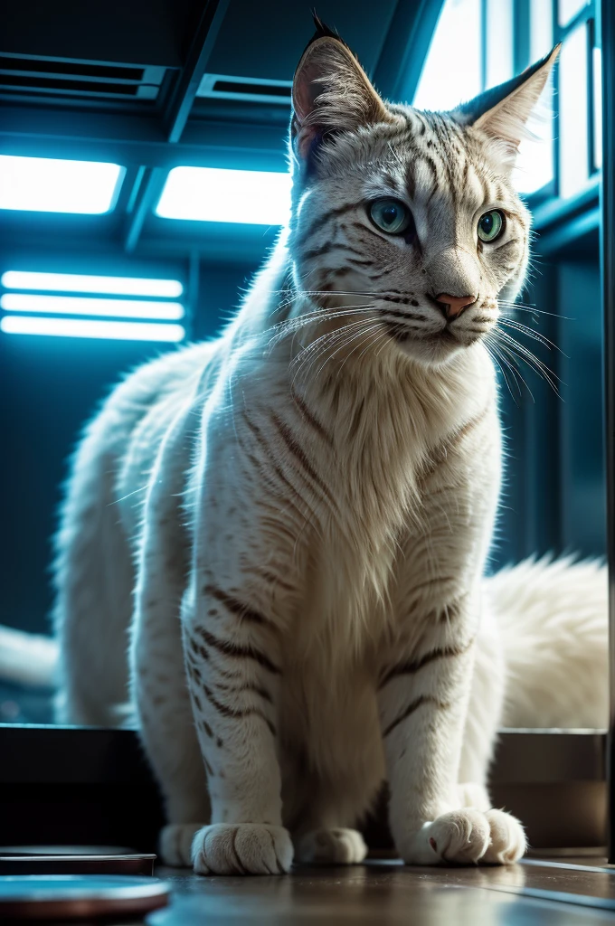 a close-up portrait of a big white cat, futuristic sci-fi environment, the lynx is eating a pizza and drinking coca-cola, cinematic composition, vibrant colors, hyper-detailed, photorealistic, 8k, masterpiece, detailed fur, intense eyes, sharp teeth, detailed facial features, intricate patterns, dramatic lighting, complex background, advanced technology, neon lights, sleek metallic surfaces, dynamic pose, depth of field, cinematic framing, vivid textures, glossy reflections, volumetric lighting, dramatic shadows