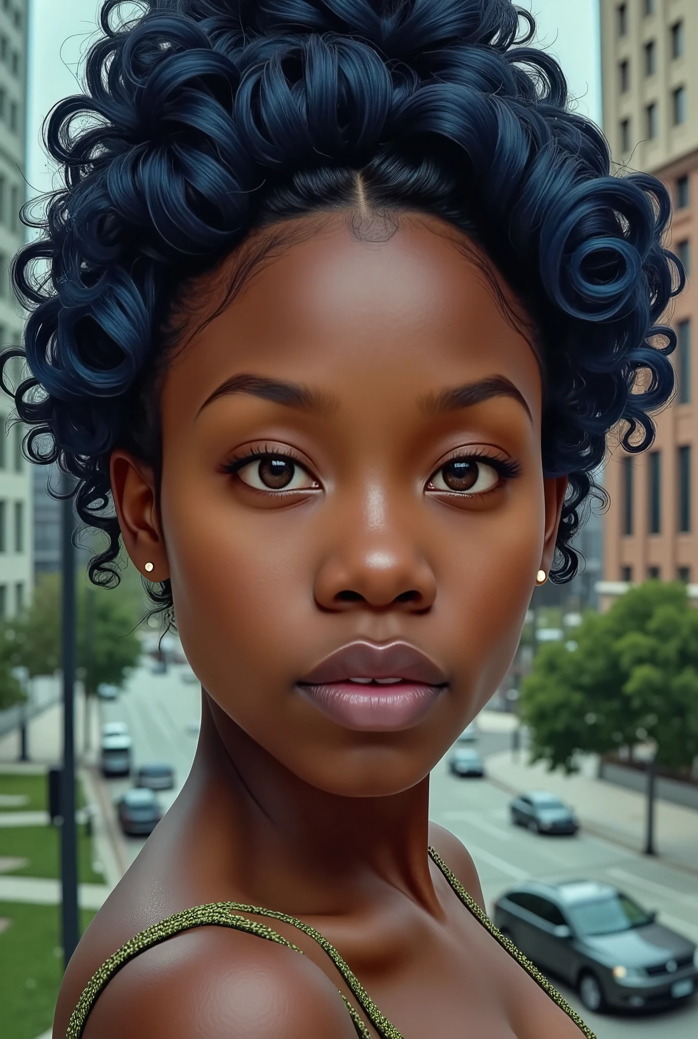 destini in a (Maximum quality, 16K, work of art: 1.3)), young black woman, Portrait of a dark-skinned adult woman(afroamerican:1.2 , 20 years old) with dark blue curls and a white shirt, urban girl fanart, solo portrait 🎨🖌️, unknown artstyle, detailed portrait of the character, garota negra de アニメ mangá, urban city background , green eyes water, rosto macio de アニメ detalhado, アニメ, Estilo de アニメ , retrato de meio corpo, Highly detailed texture of face and skin, detailed hazel brown eyes text logo for ,destini