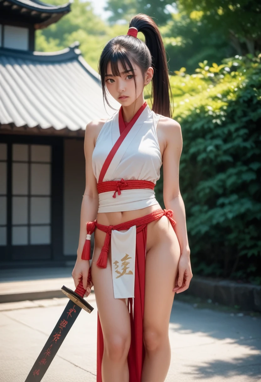 masterpiece,High resolution,Best Quality,8k
(samurai,Eighteen-year-old girl,Slender)
(Black Hair,ponytail,Black Eyes)
(Loincloth,Exposing,Japanese sword)