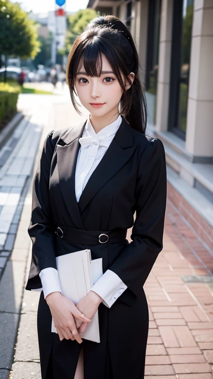 Anime black haired japanese woman, ponytail, Blue-black eyes, Butler&#39;s Outfit, A black jacket and black slacks worn under a black skirt, Japanese-style room, Large E-cup breasts 