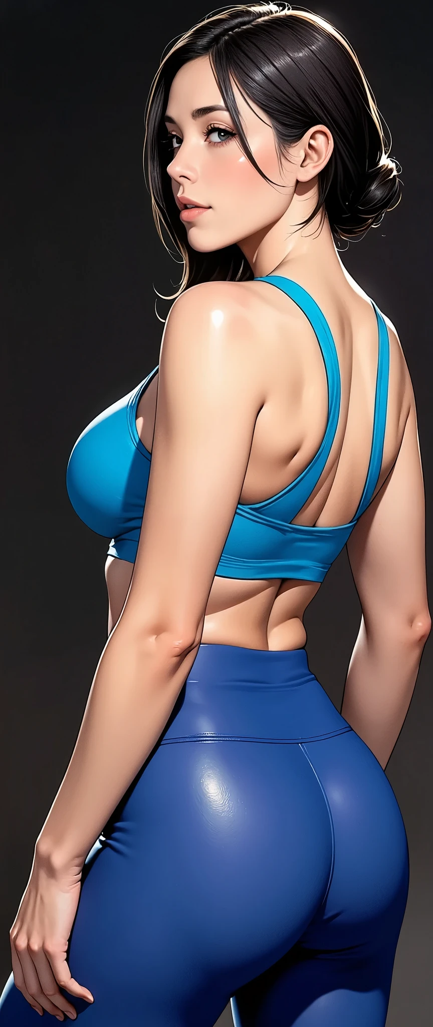 (masterpiece:1.2,Superior Quality,Mirror finish,Cinematic Experience,Best illustrations:2.0),8k,wallpaper,Cinema Lighting,(Written boundary depth),(Sophisticated lighting:1.2),(Fitness Bra:2.0),(Super tight leggings:2.0),(Very thin, Ultra-small blue sports bra:1.3),Beautiful Japanese Women,(Brown eyes:1.3),(Detailed skin texture:1.2),(Glowing Skin:1.2),Delicate face,(Beautiful Muscles:2.0),(Thick thighs),(Black Hair),(Cowboy Shot),Ultra-high resolution,(Looking into the camera),(Detailed hands:1.6),(Beautiful female hands:1.6),(dynamic),(black background:1.6),(Front:1.6),(Super sexy:2.0),(Super sensual:2.0),(Super functional:2.0)