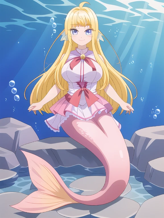 Fate mermaid Minami Fuyuki || Hokkaido Gals Are Super Adorable!, tall, mature, long blonde hair, purple eyes, gigantic breasts, underwater sea, bubble airs, smile, red blush, looking at viewer,