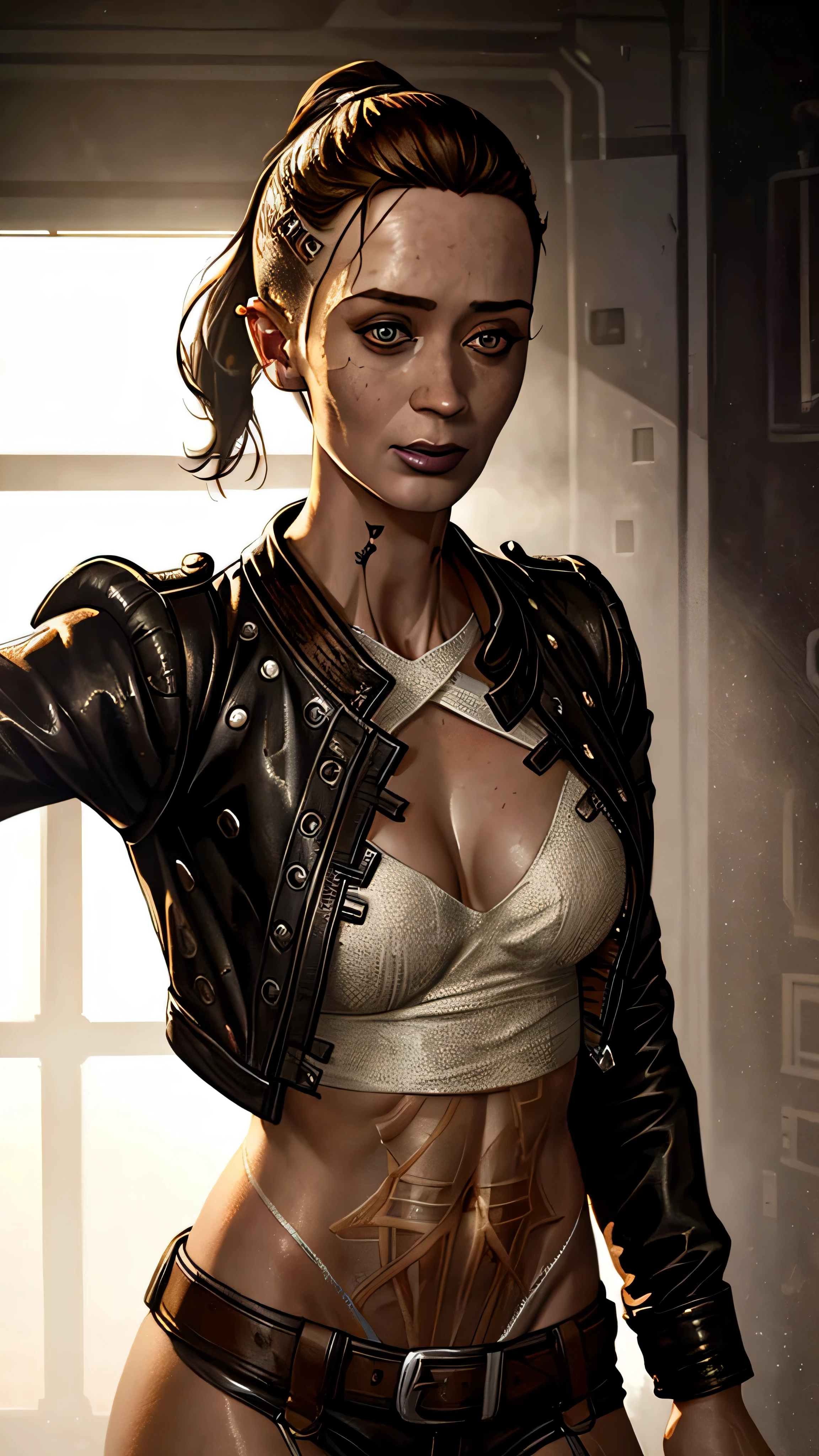 (Emily Blunt) as Jack, black lips, tattoo, short hair, ponytail, ear piercing, brown eyes, standing, navel, open leather jacket, white wrappings, space station, (insanely detailed, beautiful detailed face, masterpiece, best quality), cinematic lighting, 1woman, solo, full body view, front view, looking at viewer, intricate, high detail, sharp focus, dramatic, photorealistic painting art by greg rutkowski