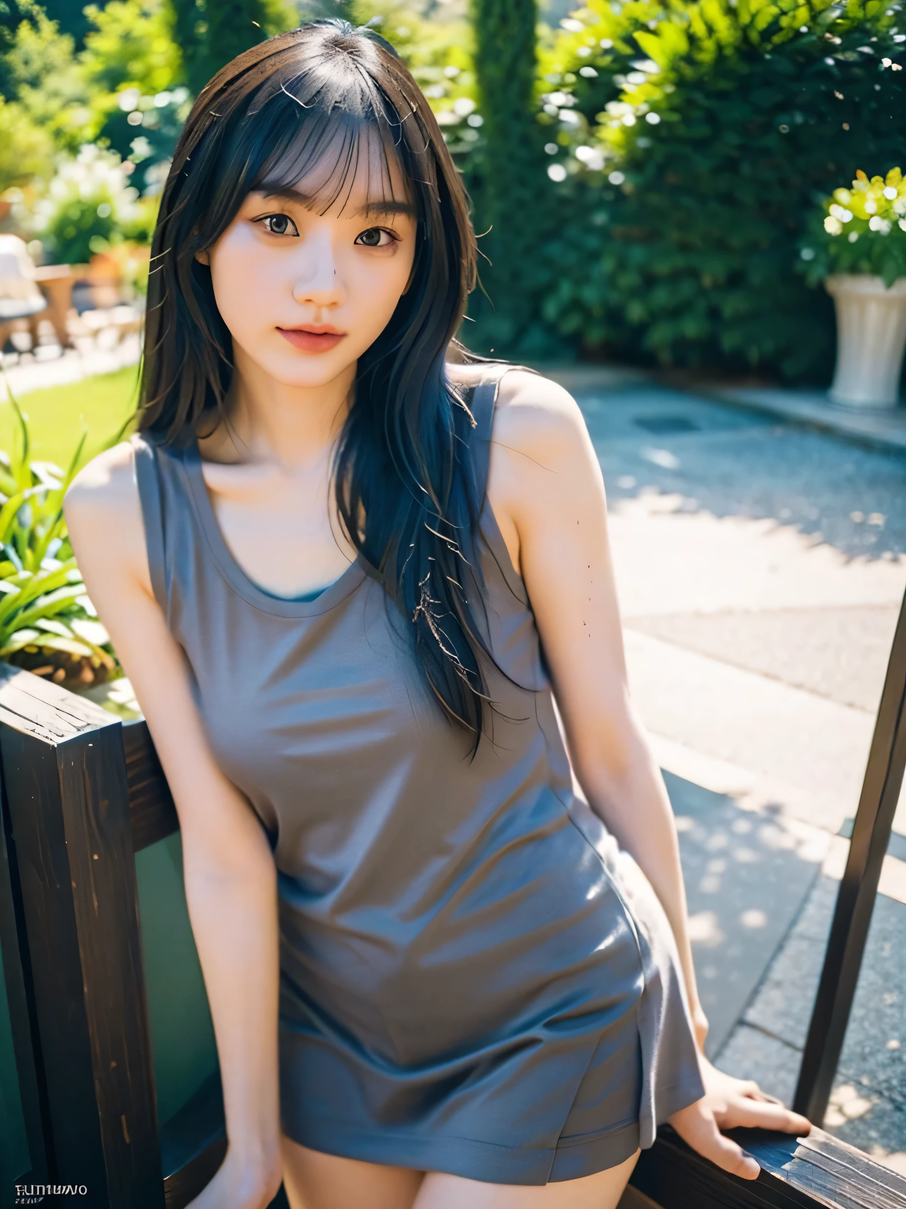 One girl, woman, Fashion Photography, Front View, Full Shot: Canon EF 16-35mmf/2.8L III USM lens mounted on Canon EOS 5D Mark IV camera, Blurred: Canon EOS R6 camera and Canon RF 24-105mm f/4L IS USM lens, morning: Fujifilm X-T4 camera and Fujinon XF 16-55mm f/2.8 R LM WR レンズ, Adventure/action: GoPro HERO10 Black, Knitted tank top, Short skirt, Beautiful thighs, Realistic, Perfect detail, Surrealism, 4K, Portrait.