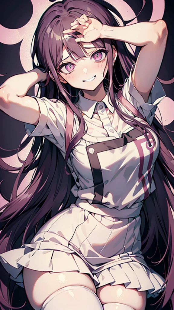 ((mikan tsumiki)),Long Hair,Purple Hair,(Purple eyes:1.1),bangs, blunt bangs,Patsun,((in danganronpa styles:1.4)), shy break (apron), bandageを巻かれた足,bandage,collared shirt, miniskirt,(pink shirt), pleated skirt, puffy Short sleeve, Puff sleeves,shirt,Short sleeve,skirt,two-tone shirt, White apron, white shirt,break looking at viewer,break ((sitting on the bed:1.1)), Spread your arms,Sleeveless, (Place your arms behind your head),
break (masterpiece:1.2),High resolution, Unity 8K Wallpapers, (figure:0.8), (Detailed eyes:1.5),Highly detailed face, Perfect lighting, Highly detailed CG,(Perfect hands, Perfect Anatomy),(blush:1.1),(embraced:1.1),((whirlpool eyes:1.4)),((vulgarity ahegao:1.4)),(messy hair:1.3),(big eyes:1.2),((mental broken:1.3)),((crazy smile:1.4)),(evel grin:1.3),((aroused:1.1)),((ecstasy:1.3)),hands own cheek,(((extremely vulgarity:1.3))),((swirl eyes:1.3)),(disappear:1.2),((white heavy breathing:1.3)),(in heat:1.3),((bold seductive:1.3)),nsfw