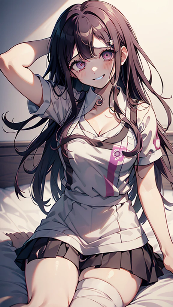 ((mikan tsumiki)),Long Hair,Purple Hair,(Purple eyes:1.1),bangs, blunt bangs,Patsun,((in danganronpa styles:1.4)), shy break (apron), bandageを巻かれた足,bandage,collared shirt, miniskirt,(pink shirt), pleated skirt, puffy Short sleeve, Puff sleeves,shirt,Short sleeve,skirt,two-tone shirt, White apron, white shirt,break looking at viewer,break ((sitting on the bed:1.1)), Spread your arms,Sleeveless, (Place your arms behind your head),
break (masterpiece:1.2),High resolution, Unity 8K Wallpapers, (figure:0.8), (Detailed eyes:1.5),Highly detailed face, Perfect lighting, Highly detailed CG,(Perfect hands, Perfect Anatomy),(blush:1.1),(embraced:1.1),((whirlpool eyes:1.4)),((vulgarity ahegao:1.4)),(messy hair:1.3),(big eyes:1.2),((mental broken:1.3)),((crazy smile:1.4)),(evel grin:1.3),((aroused:1.1)),((ecstasy:1.3)),hands own cheek,(((extremely vulgarity:1.3))),((swirl eyes:1.3)),(disappear:1.2),((white heavy breathing:1.3)),(in heat:1.3),((bold seductive:1.3)),nsfw