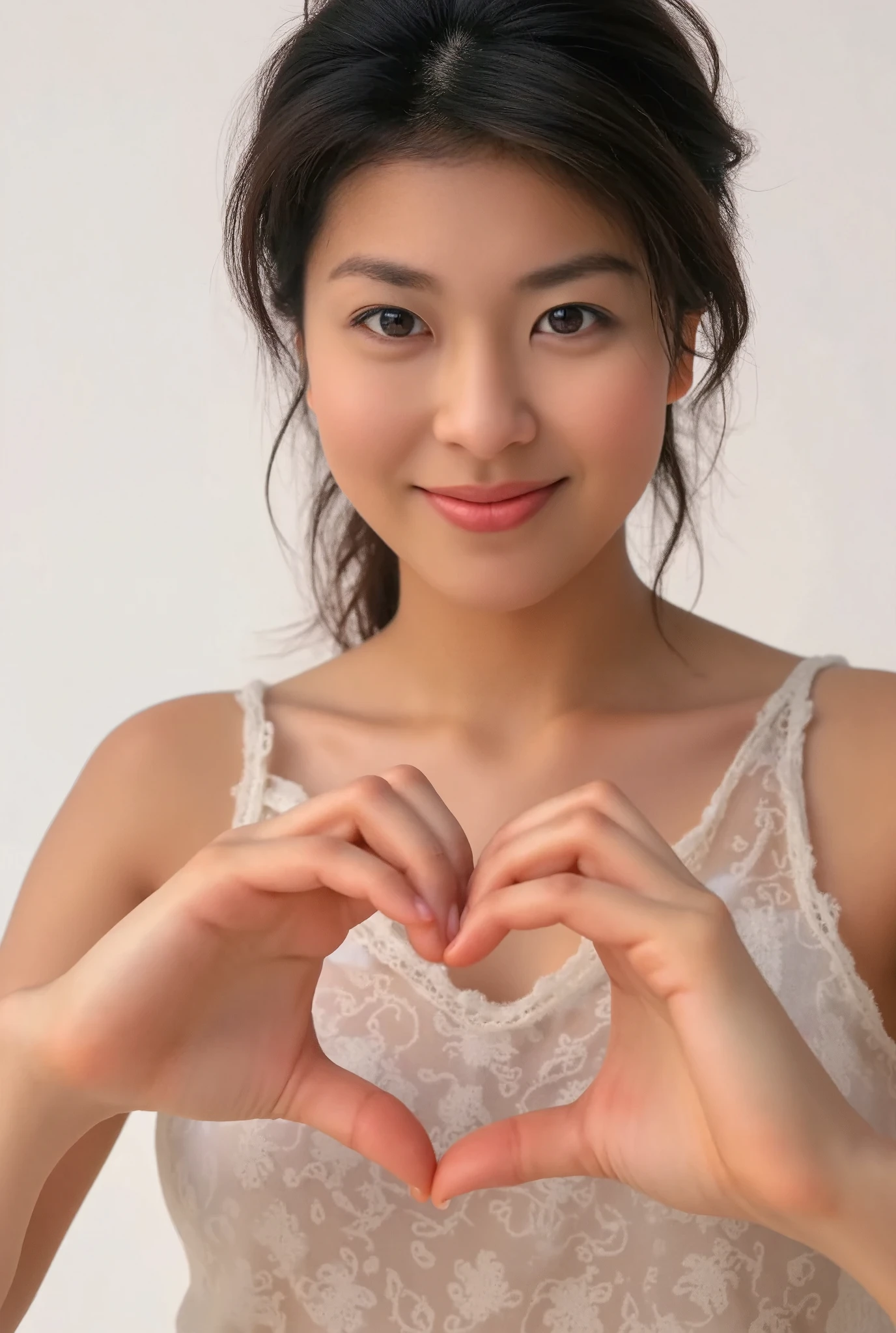 She is in a pose wearing a sexy camisole, making a firm big heart shape with both hands, and holding it in front of her chest, Cute smile up、Monotone background

