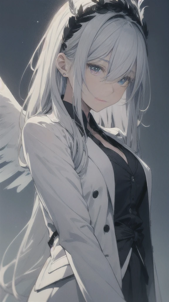 １woman,8k,Delicate illustrations,Beautiful girl with long silver hair, Light blue eyes. Gray hair gradient, Wearing a Japanese blazer, Wearing black feathers. Wearing an angel halo on his head. A kind expression.