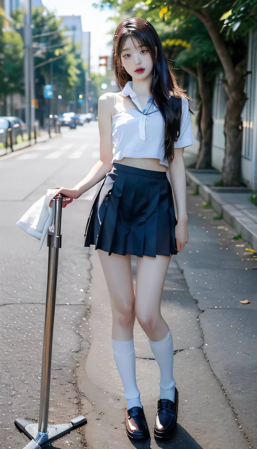 RAW Photos, very delicate and beautiful, masterpiece, Please redeem, Ultra-high resolution, 16k, hyperRealistic, Realistic, (((((whole bodyショット:1.8))))),((Japanese schoolgirl wearing uniform:1.7)),((The background is a very stylish modern city:1.2)), ((Very modern, Beautiful clean walkway..:1.2)),(((whole bodyショット:1.8))),((((She looks just like Wonyoung from the Korean idol group IVE....:1.9)))),((Checkered high school uniform super short micro mini skirt:1.5)),((High school uniform summer short-sleeved white shirt:1.5)), ((Wearing a red bow tie:1.6)),(((((Wear short socks that only reach down to the ankles.:1.8))))),((((Wear black loafers:1.6)))),(((Revealing clothes:1.7))),((barefoot:1.8)), ((((Stand with your feet slightly shoulder-width apart:1.6)))),(((((Stand Upright with your feet together:1.7))))),((Stand Upright:1.7)),(Turn the whole body towards me),((Bare thighs:1.8)),((The feet are bare:1.8)),((((whole body :1.8)))),(((Short socks that expose a large area of the lower leg:1.7))),(((White panties:1.7))),(I have white socks on both feet:1.3),photoRealistic, photo-Realistic, The fingers are reproduced in great detail.,Beautiful Hands,Very detailed, Perfect Anatomy, Very detailed肌, Perfect figure, Very detailed CG 8k wallpaper, Erect nipples, Perfect nipples, Perfect breasts, Perfect hands, Perfect fingers, White skin, Center of chest, , Windy,Long legs,Thin legs, Sexy legs,Sunny daytime,9-Head Beauty, Fluffy hair, bangs,Green street trees can be seen in the background., Small Ass,Long, thin arms,Long legs, Medium Breast, Beautiful Hair,Please put your hands down.,Narrow waist, (((Shooting the whole body at a low angle:1.5))), smile,cute,beautiful girl Happy,Center of chest, Laughter,Black Hair, Narrow waist,((Tall, 173cm:1.5)),Slim model figure,(Tilted, Muscular, Athletic Build:1.3),(Slim and Muscular legs),(Thin legs),((Thin thighs)),(Long thighs),1 person,Long legs,(Wear black loafers:1.6),cute,beautiful girl,((((Anatomically correct:1.4))))
