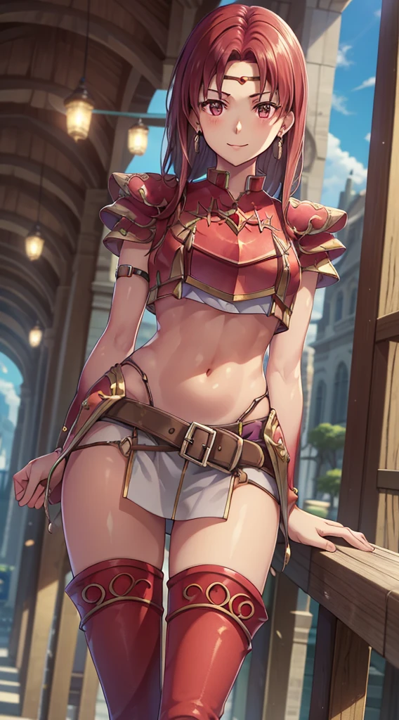 masterpiece, Best Quality,masterpiece, Best Quality, Young lady, Circlet, Earrings, armor, Elbow hand pockets,Thigh-high boots, Best Quality, smile, Standing, Reims, abdomen, abdomen, Long and thin navel,Thighs