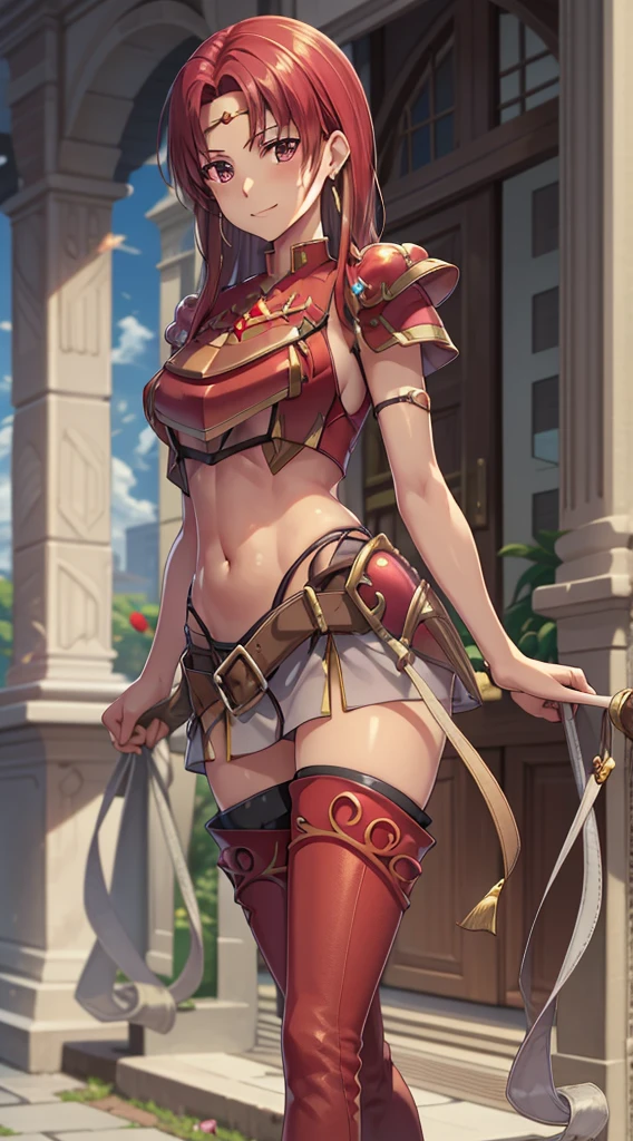 masterpiece, Best Quality,masterpiece, Best Quality, Young lady, Circlet, Earrings, armor, Elbow hand pockets,Thigh-high boots, Best Quality, smile, Standing, Reims, abdomen, abdomen, Long and thin navel,Thighs