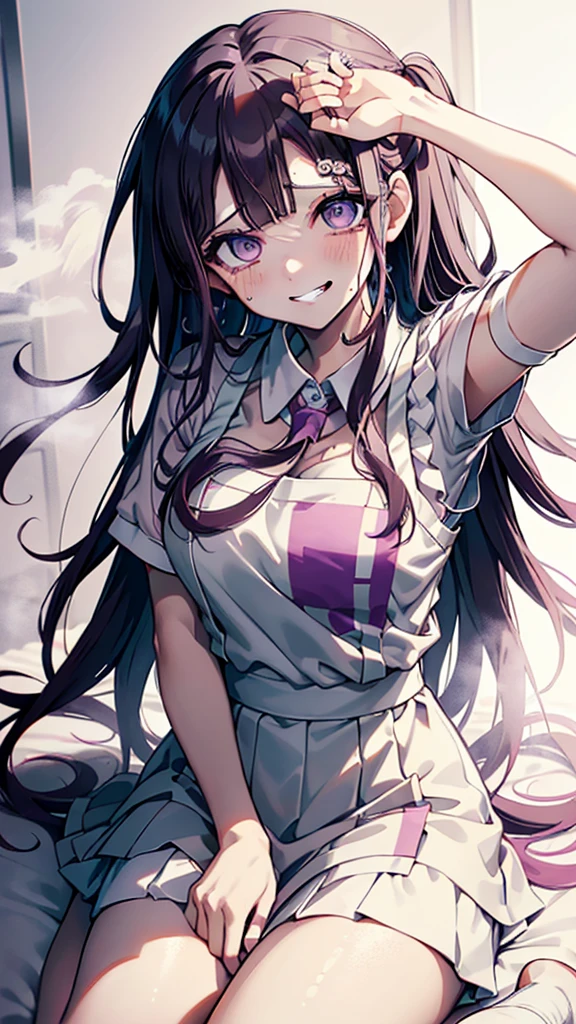 ((mikan tsumiki)),Long Hair,Purple Hair,(Purple eyes:1.1),bangs, blunt bangs,Patsun,((in danganronpa styles:1.4)), shy break (apron), bandageを巻かれた足,bandage,collared shirt, miniskirt,(pink shirt), pleated skirt, puffy Short sleeve, Puff sleeves,shirt,Short sleeve,skirt,two-tone shirt, White apron, white shirt,break looking at viewer,break ((sitting on the bed:1.1)), Spread your arms,Sleeveless, (Place your arms behind your head),
break (masterpiece:1.2),High resolution, Unity 8K Wallpapers, (figure:0.8), (Detailed eyes:1.5),Highly detailed face, Perfect lighting, Highly detailed CG,(Perfect hands, Perfect Anatomy),(blush:1.1),(embraced:1.1),((whirlpool eyes:1.4)),((vulgarity ahegao:1.4)),((messy hair:1.3)),(big eyes:1.2),((mental broken:1.3)),((crazy smile:1.4)),(evel grin:1.3),((aroused:1.1)),((ecstasy:1.3)),hands own cheek,(((extremely vulgarity:1.3))),((swirl eyes:1.3)),(disappear:1.2),((white heavy breathing:1.3)),(in heat:1.1),((white thin steam:1.3)),(nsfw),((bold seductive:1.3)),(sweaty:1.1)