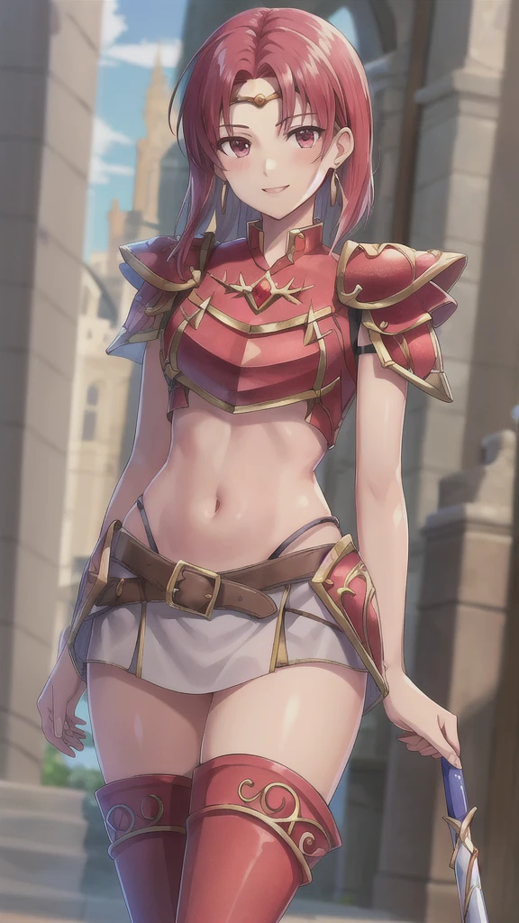  masterpiece, Best Quality,masterpiece, Best Quality, Young lady, Circlet, Earrings, armor, Elbow hand pockets,Thigh-high boots, Best Quality, smile, Standing, Reims, abdomen, abdomen, Long and thin navel,Thighs